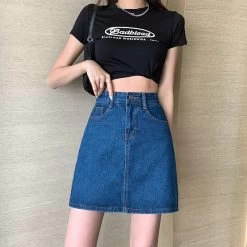 Chic Blue High Waist A-Line Denim Skirt -Kawaii Fashion Shop Girls Summer 2021 New Chic Blue High Waist A Line Cotton Denim Skirt Female Elastic Waist 3