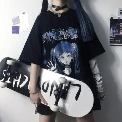 Gothic Anime Print Loose T-Shirts -Kawaii Fashion Shop Gothic Clothes Loose T Shirts Harajuku Style Print Anime Tshirt Streetwear Female Short Sleeve Woman T 5