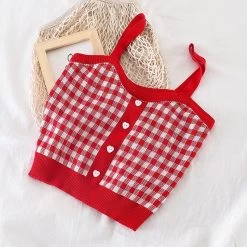Retro Plaid Knit Crop Top -Kawaii Fashion Shop HELIAR Women Knitted Plaid Crop Tops Female Button Up Tops and Camis Blue Camisole Cute Crop 3