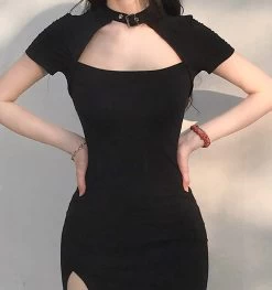 Punk Choker Split Side Dress Mini Dress 16 Punk Choker Split Side Dress Mini Dress -Kawaii Fashion Shop HEYounGIRL Harajuku Black Bodycon Mini Dress Women Split Side Halter Short Dresses Ladies Skinny Short Sleeve 1