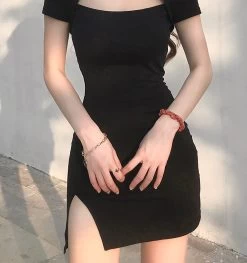 Punk Choker Split Side Dress Mini Dress 15 Punk Choker Split Side Dress Mini Dress -Kawaii Fashion Shop HEYounGIRL Harajuku Black Bodycon Mini Dress Women Split Side Halter Short Dresses Ladies Skinny Short Sleeve 2