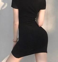 Punk Choker Split Side Dress Mini Dress 14 Punk Choker Split Side Dress Mini Dress -Kawaii Fashion Shop HEYounGIRL Harajuku Black Bodycon Mini Dress Women Split Side Halter Short Dresses Ladies Skinny Short Sleeve 3