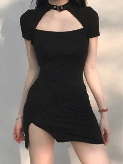 Punk Choker Split Side Dress Mini Dress 12 Punk Choker Split Side Dress Mini Dress -Kawaii Fashion Shop HEYounGIRL Harajuku Black Bodycon Mini Dress Women Split Side Halter Short Dresses Ladies Skinny Short Sleeve.jpg 640x640
