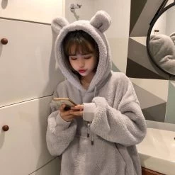Kawaii Bear Ears Gray Hoodies -Kawaii Fashion Shop HOUZHOU 2021 Winter Hoodies Kawaii Bear Ears Sweet Girls Plus Velvet Hooded Clothes Gray Lamb Plush 4