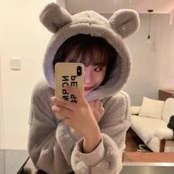 Kawaii Bear Ears Gray Hoodies -Kawaii Fashion Shop HOUZHOU 2021 Winter Hoodies Kawaii Bear Ears Sweet Girls Plus Velvet Hooded Clothes Gray Lamb Plush 5