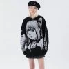 Gothic Anime Graphic Black T-Shirts -Kawaii Fashion Shop HOUZHOU Anime Women Sweater Harajuku Vintage Streetwear Autumn Winter Long Sleeve Knitted Pullovers Gothic Hip Hop