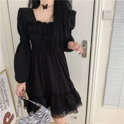 Black Lace Gothic Dress -Kawaii Fashion Shop HOUZHOU Black Dress Women Plus Size 4xl Lace Square Collar Short Dresses Gothic Oversized Spring Autumn 3