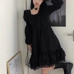 Black Lace Gothic Dress -Kawaii Fashion Shop HOUZHOU Black Dress Women Plus Size 4xl Lace Square Collar Short Dresses Gothic Oversized Spring Autumn 4
