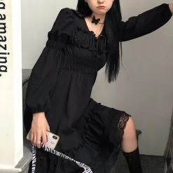 Black Lace Gothic Dress -Kawaii Fashion Shop HOUZHOU Black Dress Women Plus Size 4xl Lace Square Collar Short Dresses Gothic Oversized Spring Autumn 5