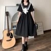 Kawaii Black Summer Bow Dress -Kawaii Fashion Shop HOUZHOU Black Dress Women Summer Bow 2021 Elegant Vintage Dress Navy Kawaii Sweet Patchwork Sundress Lolita