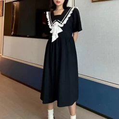 Kawaii Black Summer Bow Dress -Kawaii Fashion Shop HOUZHOU Black Dress Women Summer Bow 2021 Elegant Vintage Dress Navy Kawaii Sweet Patchwork Sundress Lolita 3