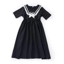 Kawaii Black Summer Bow Dress -Kawaii Fashion Shop HOUZHOU Black Dress Women Summer Bow 2021 Elegant Vintage Dress Navy Kawaii Sweet Patchwork Sundress Lolita 4