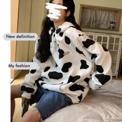 Kawaii Milk Cow Print Hoodie -Kawaii Fashion Shop HOUZHOU Cow Print Hoodie Women Kawaii Milk Thin Hooded Sweatshirt Loose Oversized Autumn Long Sleeve Top 2
