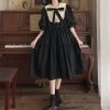 Elegant Vintage Puff Sleeve Dress -Kawaii Fashion Shop HOUZHOU Elegant Vintage Dress Woman Autumn Kawaii Lolita Midi Dresses Sweet Cute Puff Sleeve Preppy Style