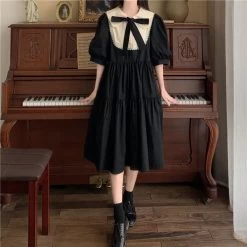 Elegant Vintage Puff Sleeve Dress -Kawaii Fashion Shop HOUZHOU Elegant Vintage Dress Woman Autumn Kawaii Lolita Midi Dresses Sweet Cute Puff Sleeve Preppy Style 2