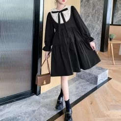 Elegant Vintage Puff Sleeve Dress -Kawaii Fashion Shop HOUZHOU Elegant Vintage Dress Woman Autumn Kawaii Lolita Midi Dresses Sweet Cute Puff Sleeve Preppy Style 3