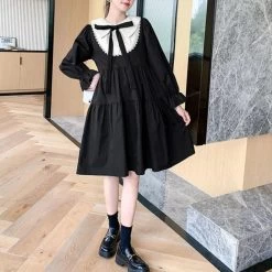 Elegant Vintage Puff Sleeve Dress -Kawaii Fashion Shop HOUZHOU Elegant Vintage Dress Woman Autumn Kawaii Lolita Midi Dresses Sweet Cute Puff Sleeve Preppy Style 4