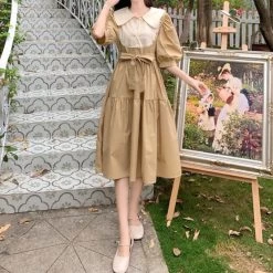 Elegant Vintage Puff Sleeve Dress -Kawaii Fashion Shop HOUZHOU Elegant Vintage Dress Woman Autumn Kawaii Lolita Midi Dresses Sweet Cute Puff Sleeve Preppy Style 5