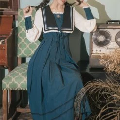 Elegant Vintage Navy Collar Dress -Kawaii Fashion Shop HOUZHOU Elegant Vintage Dress Women Patchwork Long Sleeve Dress Retro Court Style Navy Collar Spring Autumn 2