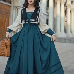 Elegant Vintage Navy Collar Dress -Kawaii Fashion Shop HOUZHOU Elegant Vintage Dress Women Patchwork Long Sleeve Dress Retro Court Style Navy Collar Spring Autumn 3