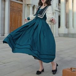 Elegant Vintage Navy Collar Dress -Kawaii Fashion Shop HOUZHOU Elegant Vintage Dress Women Patchwork Long Sleeve Dress Retro Court Style Navy Collar Spring Autumn 4