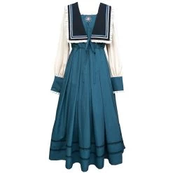 Elegant Vintage Navy Collar Dress -Kawaii Fashion Shop HOUZHOU Elegant Vintage Dress Women Patchwork Long Sleeve Dress Retro Court Style Navy Collar Spring Autumn 5