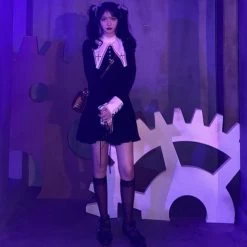 Gothic Black Lace Patchwork Dress -Kawaii Fashion Shop HOUZHOU Gothic Dress Women Black Lace Patchwork Mini Dresses Bandage Goth Dark Halloween Club Streetwear Spring 2