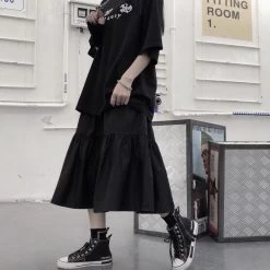 Harajuku Punk Gothic Black Long Skirts -Kawaii Fashion Shop HOUZHOU Gothic Long Skirts Women Black Goth High Waisted Patchwork Midi Skirt Summer Japanese Style Harajuku 3