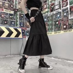 Harajuku Punk Gothic Black Long Skirts -Kawaii Fashion Shop HOUZHOU Gothic Long Skirts Women Black Goth High Waisted Patchwork Midi Skirt Summer Japanese Style Harajuku 4