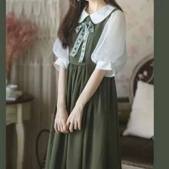 Kawaii Green Sweet Dress -Kawaii Fashion Shop HOUZHOU Green Dress Women Kawaii Vintage Dresses Bow Sweet Cute Streetwear Chiffon Puff Sleeve Lace Preppy 5