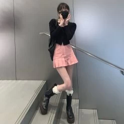 Kawaii Pink Denim Mini Skirt 7 Kawaii Pink Denim Mini Skirt -Kawaii Fashion Shop HOUZHOU Kawaii Denim Skirt Women Sexy High Waisted Slim Pleated Mini Skirts for Girls Summer Korean 2