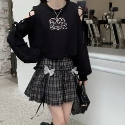Kawaii Goth Plaid Bow Skirt -Kawaii Fashion Shop HOUZHOU Kawaii Gothic Lolita Plaid Skirt Women Goth Bow Black High Waist A line Mini Skirts 2