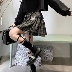 Kawaii Goth Plaid Bow Skirt -Kawaii Fashion Shop HOUZHOU Kawaii Gothic Lolita Plaid Skirt Women Goth Bow Black High Waist A line Mini Skirts 4