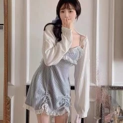 Kawaii Sweet Lace Bow Slim Lolita Dress -Kawaii Fashion Shop HOUZHOU Kawaii Lolita Dress Women Japanese Sweet Lace Bow Fairycore Slim Sexy Cute Sleeveless Mini Dress