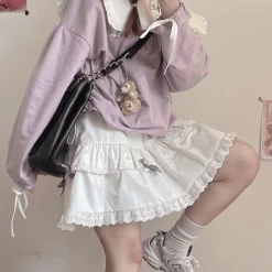 Kawaii Plaid Ruffle Skirt -Kawaii Fashion Shop HOUZHOU Kawaii Plaid Skirt Women Ruffle Lace Patchwork Bow High Waist Lolita Skirt Harajuku Egirl Streetwear 2