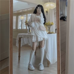 Kawaii Sweet Off Shoulder Lace Up T-Shirt -Kawaii Fashion Shop HOUZHOU Kawaii T Shirt Women Japanese Sweet Off Shoulder Lace Up Long Sleeve Graphic T Shirts 4