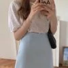 Korean Sweet Basic Solid Mini Skirt -Kawaii Fashion Shop HOUZHOU Korean Style Blue Skirt Women Cute Sweet Basic Solid High Waist A line Mini Skirt