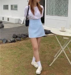 Korean Sweet Basic Solid Mini Skirt -Kawaii Fashion Shop HOUZHOU Korean Style Blue Skirt Women Cute Sweet Basic Solid High Waist A line Mini Skirt 4