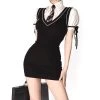 Korean Preppy Style Black Vest Dress 2 Korean Preppy Style Black Vest Dress -Kawaii Fashion Shop HOUZHOU Preppy Style Vest Dress Women Two Piece Set Cute Sexy Korean Puff Sleeve Shirt Black
