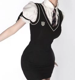 Korean Preppy Style Black Vest Dress 10 Korean Preppy Style Black Vest Dress -Kawaii Fashion Shop HOUZHOU Preppy Style Vest Dress Women Two Piece Set Cute Sexy Korean Puff Sleeve Shirt Black 2