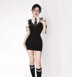 Korean Preppy Style Black Vest Dress 13 Korean Preppy Style Black Vest Dress -Kawaii Fashion Shop HOUZHOU Preppy Style Vest Dress Women Two Piece Set Cute Sexy Korean Puff Sleeve Shirt Black 5