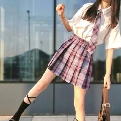 Purple Jk Plaid Mini Skirt -Kawaii Fashion Shop HOUZHOU Purple Plaid Skirt Harajuku Gothic Women Mini Skirts Fashion Preppy Style Jk Y2k Kawaii Japanese 5