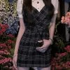 Korean Fashion Slim Patchwork Plaid Dress -Kawaii Fashion Shop HOUZHOU Shirt Patchwork Plaid Dress Women Summer Korean Fashion Slim Cute Bandage Mini Dress Fake Two