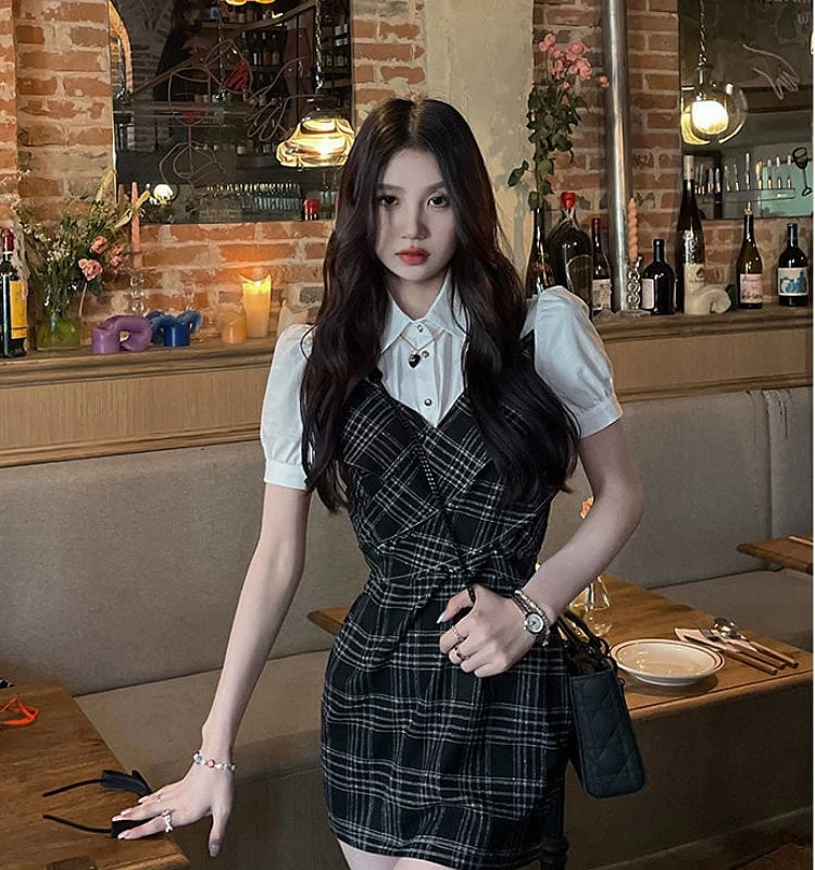 Korean Fashion Slim Patchwork Plaid Dress 7 Korean Fashion Slim Patchwork Plaid Dress - Image 5