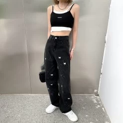 Embroidery Butterfly Denim Pants -Kawaii Fashion Shop HOUZHOU Streetwear Butterfly Print Baggy Jeans Women Korean Fashion Black High Waist Denim Pants Oversize Casual 2