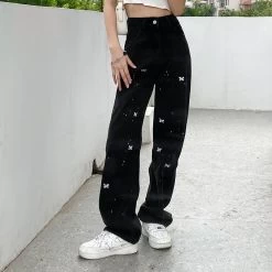 Embroidery Butterfly Denim Pants -Kawaii Fashion Shop HOUZHOU Streetwear Butterfly Print Baggy Jeans Women Korean Fashion Black High Waist Denim Pants Oversize Casual 3