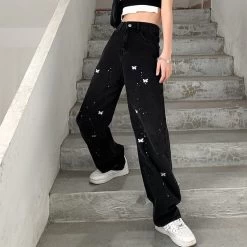 Embroidery Butterfly Denim Pants -Kawaii Fashion Shop HOUZHOU Streetwear Butterfly Print Baggy Jeans Women Korean Fashion Black High Waist Denim Pants Oversize Casual 4