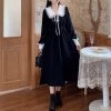 Vintage Black Sweet Long Dress -Kawaii Fashion Shop HOUZHOU Vintage Dress Women Black Sweet Lace Peter Pan Collar French Elegant Long Sleeve Dress 2021