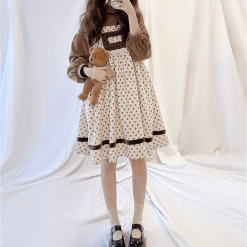 Kawaii Sweet Bear Embroidery Lolita Dress -Kawaii Fashion Shop HOUZHOU Vintage Kawaii Lolita Dress Women Winter Japanese Sweet Bear Embroidery Plush Pocket Corduroy Strap Midi 2