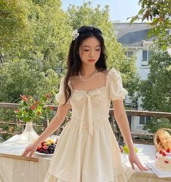 Vintage Elegant Fairycore Lolita Dress -Kawaii Fashion Shop HOUZHOU Vintage Lolita Dress Women Elegant Fairycore Square Collar Cute Fungus Lace Bow Patchwork Apricot Puff 2